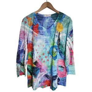Jess &‎ Jane Tunic Top Women's Large Art to Wear Artsy 3/4 Sleeve Multicolor